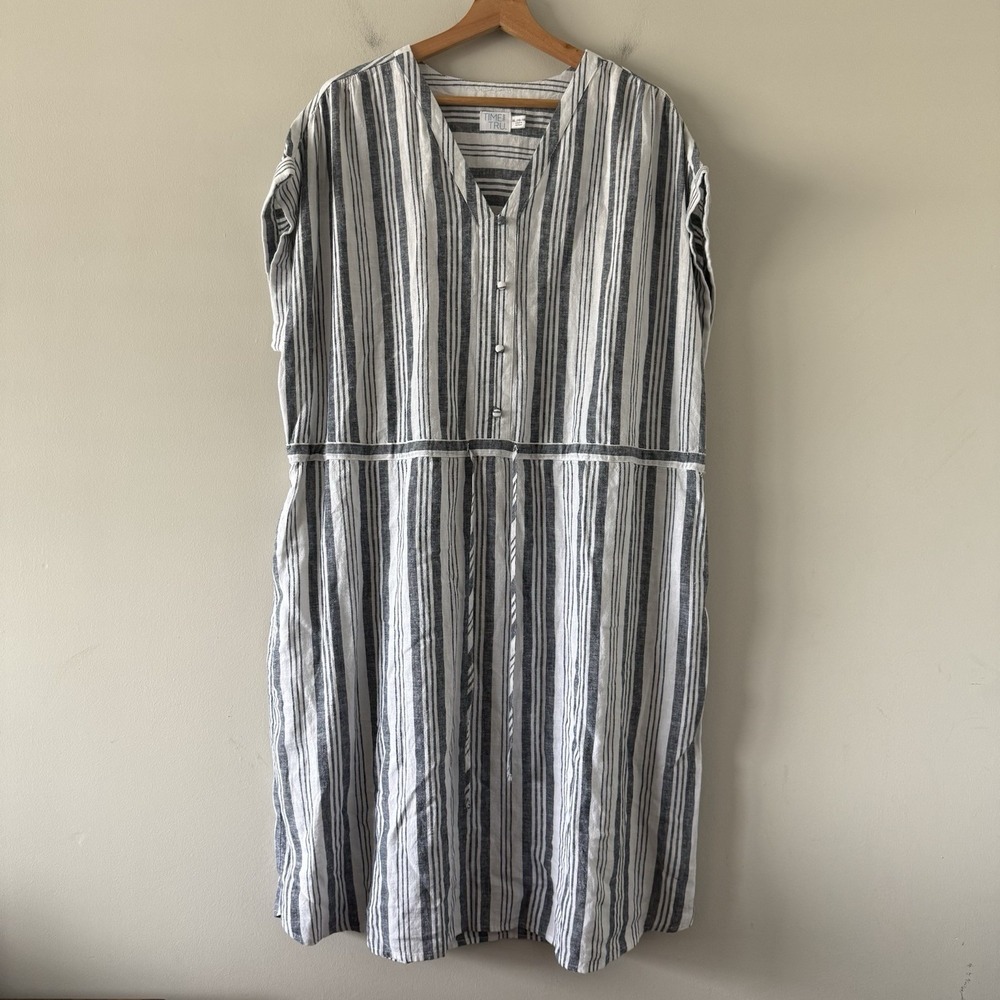 Time and Tru Midi Dress XL Linen Blend Striped Coastal Beach Resortwear Cruise